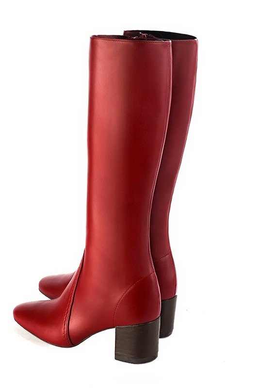 Cardinal red women's feminine knee-high boots. Round toe. Medium block heels. Made to measure. Rear view - Florence KOOIJMAN